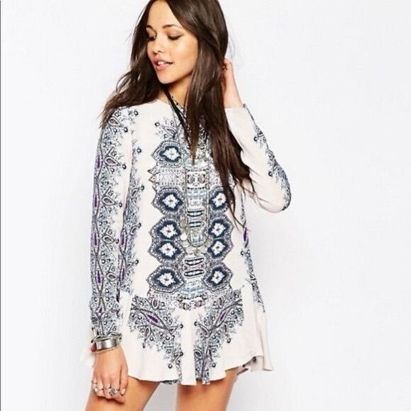 Free People Tops - NWOT Free People Boho White & Blue Printed Tunic Mini Dress
